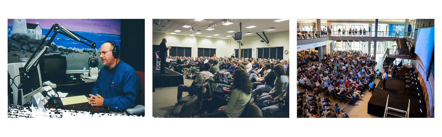 Photos of Dave hosting the show, and past and present photos of staff meetings at Ramsey Solutions