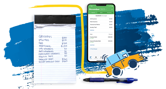 Notepad with a list of monthly expenses, the EveryDollar app, and a car illustration driving around both