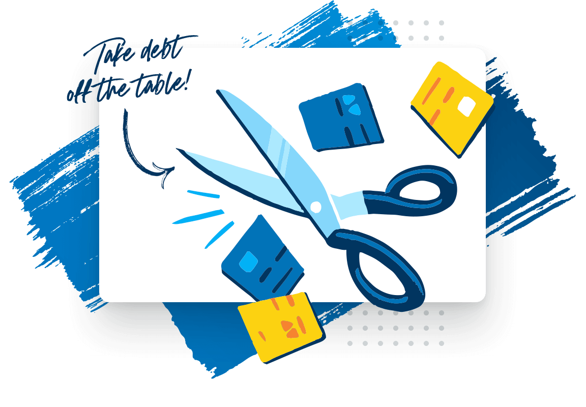 Illustration of scissors cutting up credit cards with text "That's what I'm talking about!"