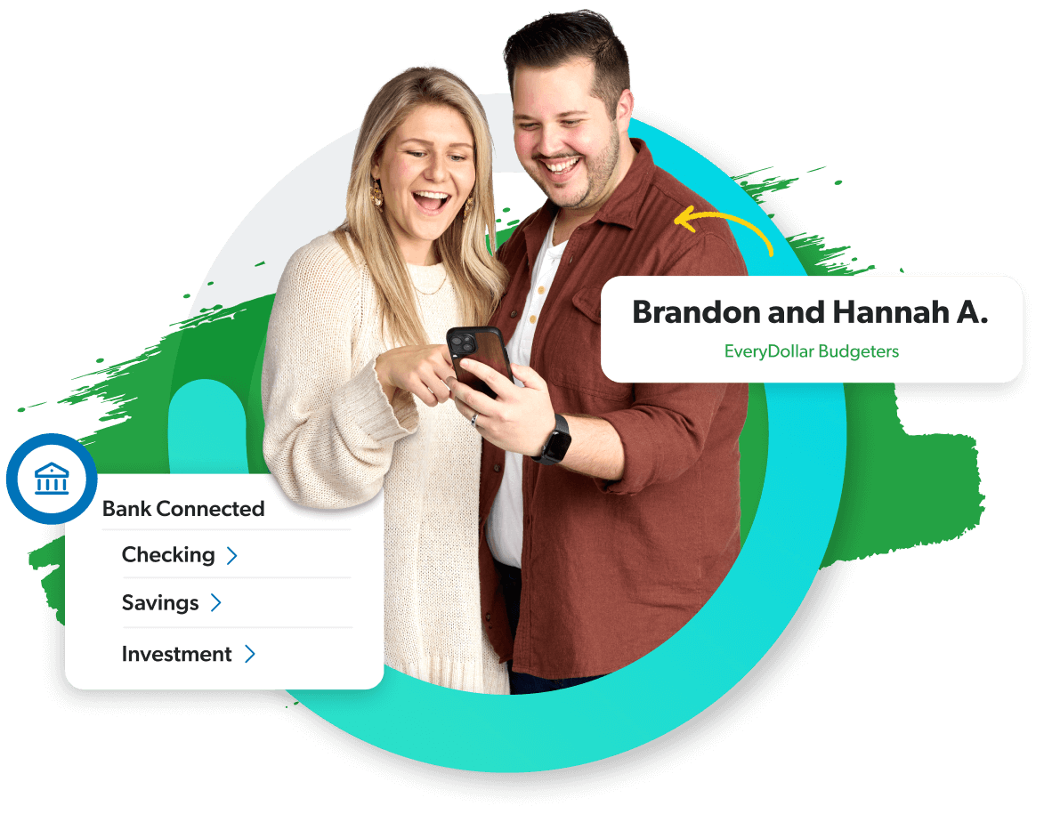 Couple looking at a phone with Ui elements from the EveryDollar app floating around them