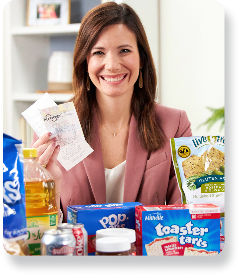 Rachel Cruze holding a receipt for Grocery Savings Guide